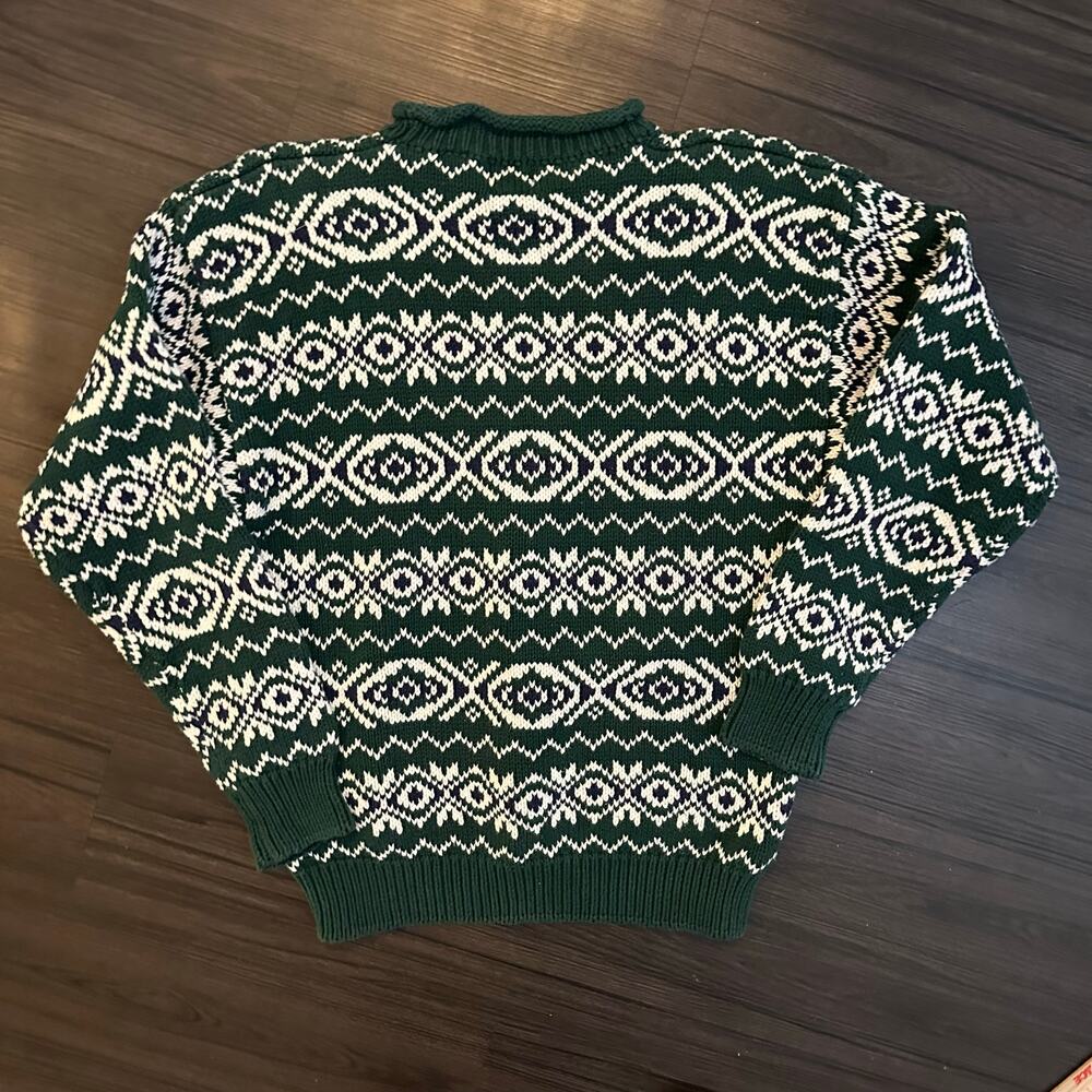 VTG GAP Chunky Knit Green White Cotton Sweater Men’s Size Large 80's Ski Winter